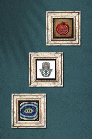 Nazar, Bereket Duası, Fatma Ana Eli (Hamsa) Taş Duvar Tablosu Çerçeveli Duvar Dekoru 3 Parça Tablo Seti Wall Art