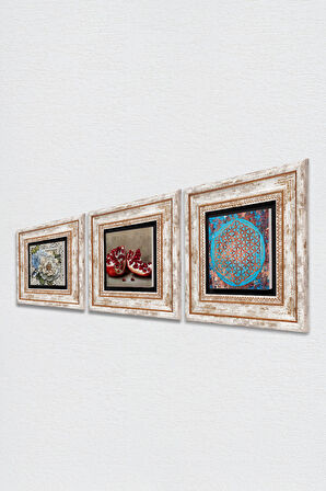 Yaşam Çiçeği, Kelebekli Çiçek, Nar Taş Duvar Tablosu Çerçeveli Duvar Dekoru 3 Parça Tablo Seti Wall Art