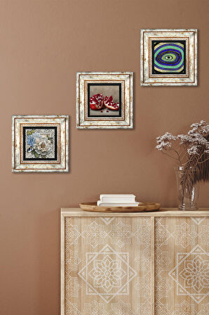 Nazar, Kelebekli Çiçek, Nar Taş Duvar Tablosu Çerçeveli Duvar Dekoru 3 Parça Tablo Seti Wall Art