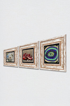 Nazar, Kelebekli Çiçek, Nar Taş Duvar Tablosu Çerçeveli Duvar Dekoru 3 Parça Tablo Seti Wall Art