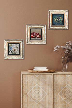 Nazar, Kelebekli Çiçek, Nar Taş Duvar Tablosu Çerçeveli Duvar Dekoru 3 Parça Tablo Seti Wall Art