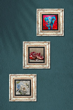 Fil, Kelebekli Çiçek, Nar Taş Duvar Tablosu Çerçeveli Duvar Dekoru 3 Parça Tablo Seti Wall Art