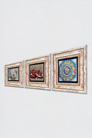 Mandala, Kelebekli Çiçek, Nar Taş Duvar Tablosu Çerçeveli Duvar Dekoru 3 Parça Tablo Seti Wall Art