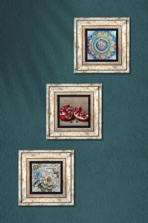 Mandala, Kelebekli Çiçek, Nar Taş Duvar Tablosu Çerçeveli Duvar Dekoru 3 Parça Tablo Seti Wall Art