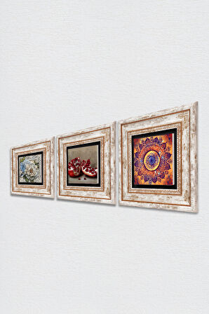 Mandala, Kelebekli Çiçek, Nar Taş Duvar Tablosu Çerçeveli Duvar Dekoru 3 Parça Tablo Seti Wall Art
