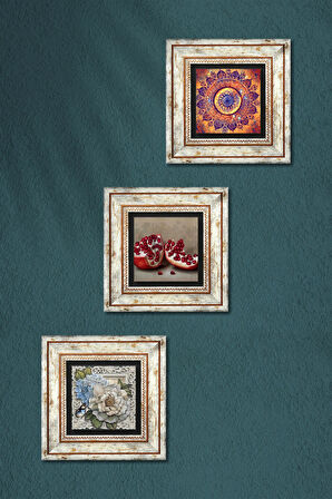 Mandala, Kelebekli Çiçek, Nar Taş Duvar Tablosu Çerçeveli Duvar Dekoru 3 Parça Tablo Seti Wall Art