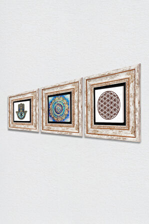 Mandala, Yaşam Çiçeği, Fatma Ana Eli (Hamsa) Taş Duvar Tablosu Çerçeveli Duvar Dekoru 3 Parça Tablo Seti Wall Art