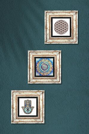 Mandala, Yaşam Çiçeği, Fatma Ana Eli (Hamsa) Taş Duvar Tablosu Çerçeveli Duvar Dekoru 3 Parça Tablo Seti Wall Art
