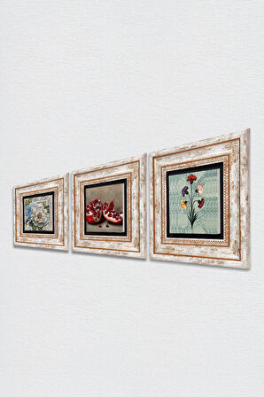 Ebru Sanatı, Kelebekli Çiçek, Nar Taş Duvar Tablosu Çerçeveli Duvar Dekoru 3 Parça Tablo Seti Wall Art