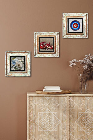 Nazar, Kelebekli Çiçek, Nar Taş Duvar Tablosu Çerçeveli Duvar Dekoru 3 Parça Tablo Seti Wall Art