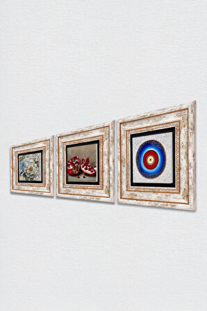 Nazar, Kelebekli Çiçek, Nar Taş Duvar Tablosu Çerçeveli Duvar Dekoru 3 Parça Tablo Seti Wall Art