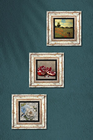 Claude Monet Gelincikler, Kelebekli Çiçek, Nar Taş Duvar Tablosu Çerçeveli Duvar Dekoru 3 Parça Tablo Seti Wall Art