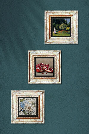 Claude Monet Bahçedeki Kadın, Kelebekli Çiçek, Nar Taş Duvar Tablosu Çerçeveli Duvar Dekoru 3 Parça Tablo Seti Wall Art