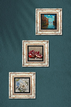 Claude Monet Sonbahar, Kelebekli Çiçek, Nar Taş Duvar Tablosu Çerçeveli Duvar Dekoru 3 Parça Tablo Seti Wall Art