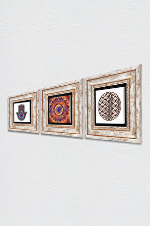 Mandala, Yaşam Çiçeği, Fatma Ana Eli (Hamsa) Taş Duvar Tablosu Çerçeveli Duvar Dekoru 3 Parça Tablo Seti Wall Art