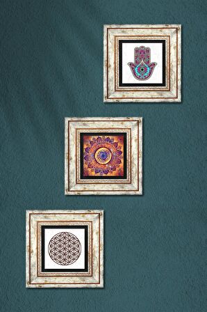 Mandala, Yaşam Çiçeği, Fatma Ana Eli (Hamsa) Taş Duvar Tablosu Çerçeveli Duvar Dekoru 3 Parça Tablo Seti Wall Art
