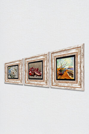 Van Gogh Balıkçı Tekneleri, Kelebekli Çiçek, Nar Taş Duvar Tablosu Çerçeveli Duvar Dekoru 3 Parça Tablo Seti Wall Art
