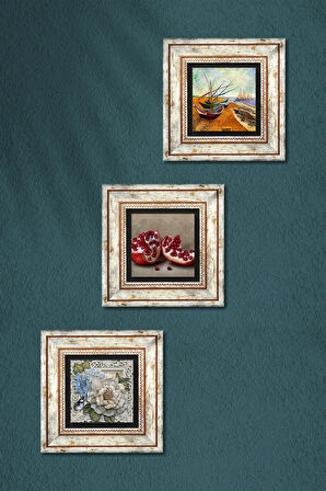 Van Gogh Balıkçı Tekneleri, Kelebekli Çiçek, Nar Taş Duvar Tablosu Çerçeveli Duvar Dekoru 3 Parça Tablo Seti Wall Art