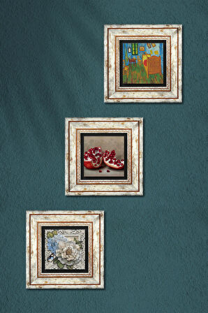 Van Gogh Arles'teki Yatak Odası, Kelebekli Çiçek, Nar Taş Duvar Tablosu Çerçeveli Duvar Dekoru 3 Parça Tablo Seti Wall Art