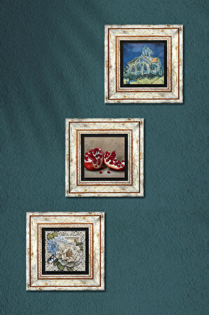 Van Gogh Auvers'deki Kilise, Kelebekli Çiçek, Nar Taş Duvar Tablosu Çerçeveli Duvar Dekoru 3 Parça Tablo Seti Wall Art