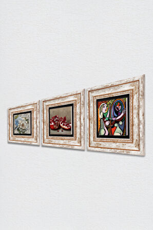 Picasso Ayna Karşısındaki Kız, Kelebekli Çiçek, Nar Taş Duvar Tablosu Çerçeveli Duvar Dekoru 3 Parça Tablo Seti Wall Art