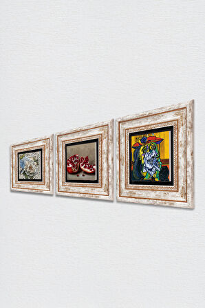 Picasso Ağlayan Kadın, Kelebekli Çiçek, Nar Taş Duvar Tablosu Çerçeveli Duvar Dekoru 3 Parça Tablo Seti Wall Art