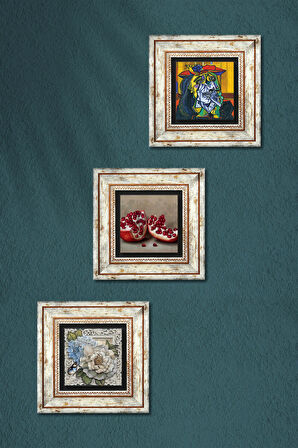 Picasso Ağlayan Kadın, Kelebekli Çiçek, Nar Taş Duvar Tablosu Çerçeveli Duvar Dekoru 3 Parça Tablo Seti Wall Art