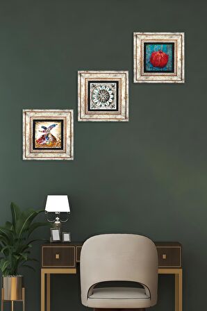 Çini Sanatı, Semazen, Nar Taş Duvar Tablosu Çerçeveli Duvar Dekoru 3 Parça Tablo Seti Wall Art