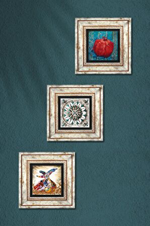 Çini Sanatı, Semazen, Nar Taş Duvar Tablosu Çerçeveli Duvar Dekoru 3 Parça Tablo Seti Wall Art