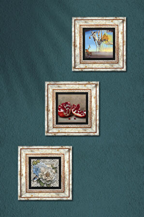 Salvador Dalí, Kelebekli Çiçek, Nar Taş Duvar Tablosu Çerçeveli Duvar Dekoru 3 Parça Tablo Seti Wall Art