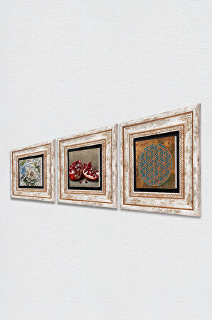 Yaşam Çiçeği, Kelebekli Çiçek, Nar Taş Duvar Tablosu Çerçeveli Duvar Dekoru 3 Parça Tablo Seti Wall Art