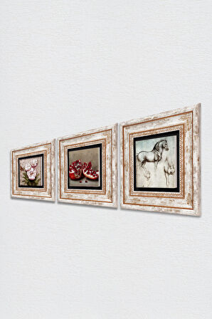 Leonardo da Vinci At Heykeli, Kelebekli Çiçek, Nar Taş Duvar Tablosu Çerçeveli Duvar Dekoru 3 Parça Tablo Seti Wall Art