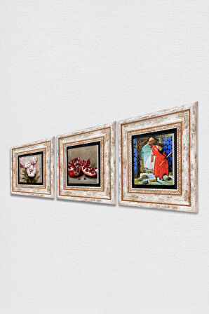 Kaplumbağa Terbiyecisi, Kelebekli Çiçek, Nar Taş Duvar Tablosu Çerçeveli Duvar Dekoru 3 Parça Tablo Seti Wall Art