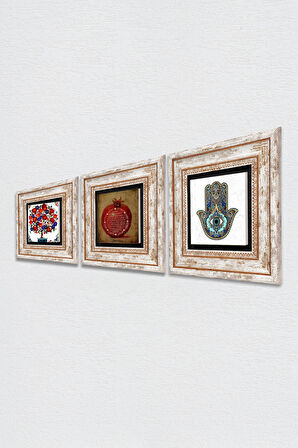 Bereket Duası, Nar Ağacı, Fatma Ana Eli (Hamsa) Taş Duvar Tablosu Çerçeveli Duvar Dekoru 3 Parça Tablo Seti Wall Art