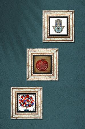 Bereket Duası, Nar Ağacı, Fatma Ana Eli (Hamsa) Taş Duvar Tablosu Çerçeveli Duvar Dekoru 3 Parça Tablo Seti Wall Art