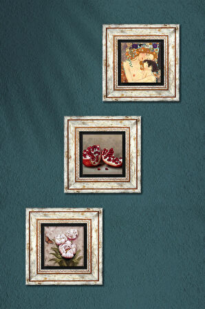 Gustav Klimt Anne Çocuk, Kelebekli Çiçek, Nar Taş Duvar Tablosu Çerçeveli Duvar Dekoru 3 Parça Tablo Seti Wall Art