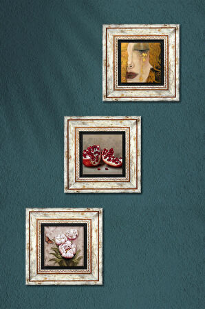 Gustav Klimt Altın Gözyaşları, Kelebekli Çiçek, Nar Taş Duvar Tablosu Çerçeveli Duvar Dekoru 3 Parça Tablo Seti Wall Art