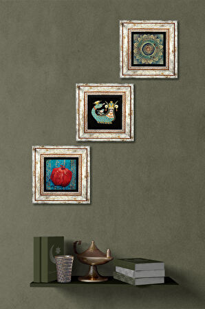 Mandala, Şahmeran, Nar Taş Duvar Tablosu Çerçeveli Duvar Dekoru 3 Parça Tablo Seti Wall Art