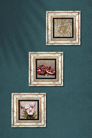 Mozaik Serisi, Kelebekli Çiçek, Nar Taş Duvar Tablosu Çerçeveli Duvar Dekoru 3 Parça Tablo Seti Wall Art