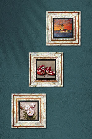 İstanbul Kız Kulesi, Kelebekli Çiçek, Nar Taş Duvar Tablosu Çerçeveli Duvar Dekoru 3 Parça Tablo Seti Wall Art