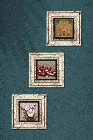 Esma'ül Hüsna, Kelebekli Çiçek, Nar Taş Duvar Tablosu Çerçeveli Duvar Dekoru 3 Parça Tablo Seti Wall Art