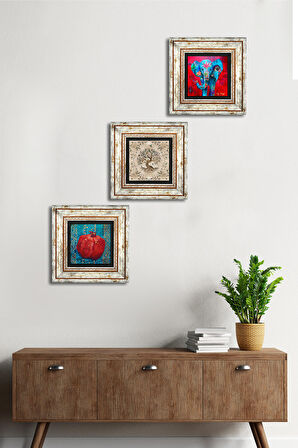 Fil, Hayat Ağacı, Nar Taş Duvar Tablosu Çerçeveli Duvar Dekoru 3 Parça Tablo Seti Wall Art