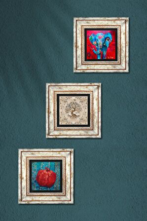 Fil, Hayat Ağacı, Nar Taş Duvar Tablosu Çerçeveli Duvar Dekoru 3 Parça Tablo Seti Wall Art
