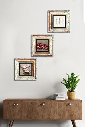 Elif, Kelebekli Çiçek, Nar Taş Duvar Tablosu Çerçeveli Duvar Dekoru 3 Parça Tablo Seti Wall Art