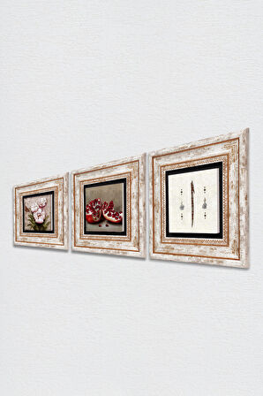 Elif, Kelebekli Çiçek, Nar Taş Duvar Tablosu Çerçeveli Duvar Dekoru 3 Parça Tablo Seti Wall Art