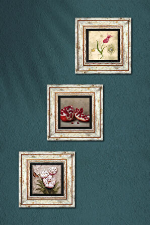 Lale Ebru Sanatı, Kelebekli Çiçek, Nar Taş Duvar Tablosu Çerçeveli Duvar Dekoru 3 Parça Tablo Seti Wall Art