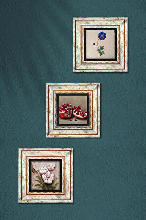 Ebru Sanatı, Kelebekli Çiçek, Nar Taş Duvar Tablosu Çerçeveli Duvar Dekoru 3 Parça Tablo Seti Wall Art