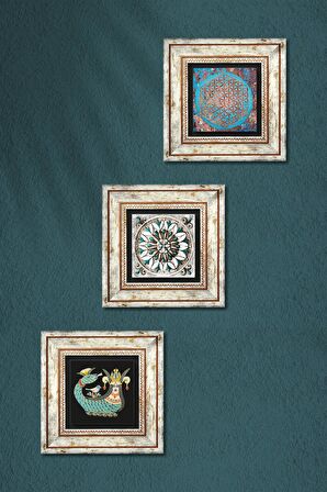 Yaşam Çiçeği, Çini Sanatı, Şahmeran Taş Duvar Tablosu Çerçeveli Duvar Dekoru 3 Parça Tablo Seti Wall Art