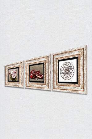 Sri Yantra, Kelebekli Çiçek, Nar Taş Duvar Tablosu Çerçeveli Duvar Dekoru 3 Parça Tablo Seti Wall Art