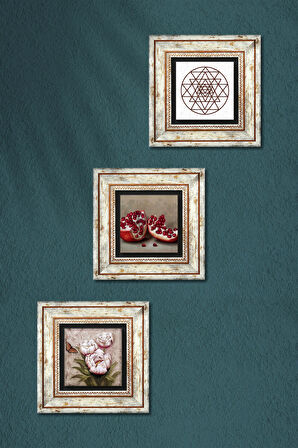 Sri Yantra, Kelebekli Çiçek, Nar Taş Duvar Tablosu Çerçeveli Duvar Dekoru 3 Parça Tablo Seti Wall Art